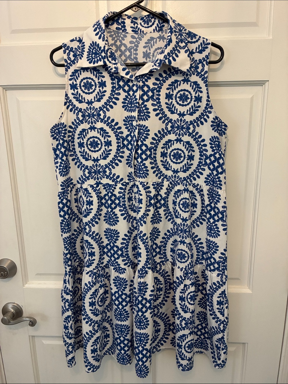 SHEIN Blue & White Sleeveless Collared Midi Dress
